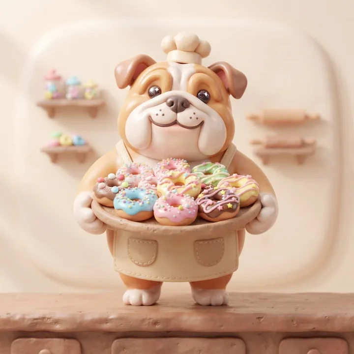 The Donut Shoppe bulldog mascot holding a tray of donuts