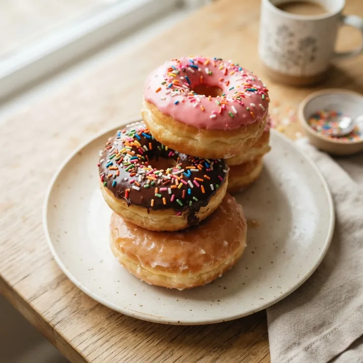 A stack of assorted glazed and frosted donuts